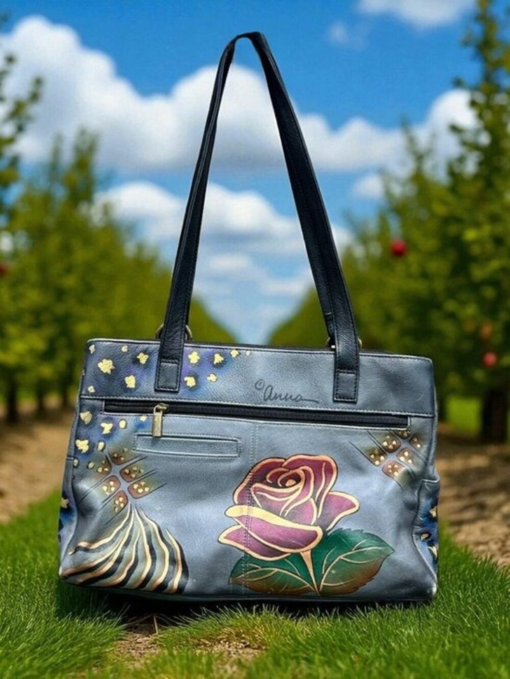 Anna by Anuschka Hand-Painted Women's Shoulder Bag with Rose Design
